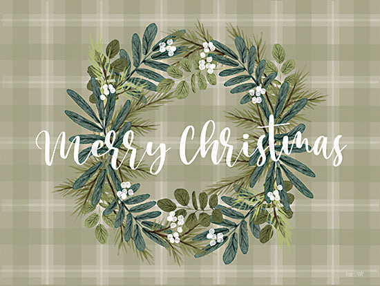 House Fenway FEN1159 - FEN1159 - Plaid Merry Christmas - 16x12 Christmas, Holidays, Merry Christmas, Typography, Signs, Textual Art, Wreath, Eucalyptus, Leaves, Pine Sprigs, Greenery, White Berries, Green Plaid, Winter from Penny Lane