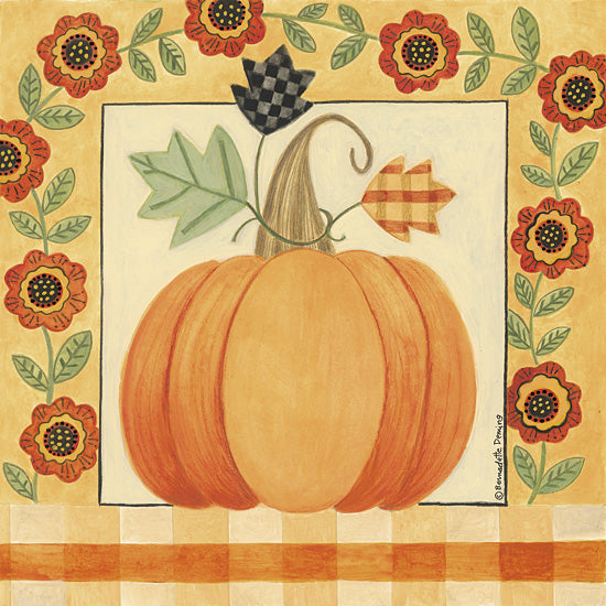 Bernadette Deming BER1499 - BER1499 - Pumpkin and Flowers - 12x12 pumpkin, fall harvest, decorative checkered leaves, orange plaid, floral border, whimsical style, folk art, autumn decoration from Penny Lane