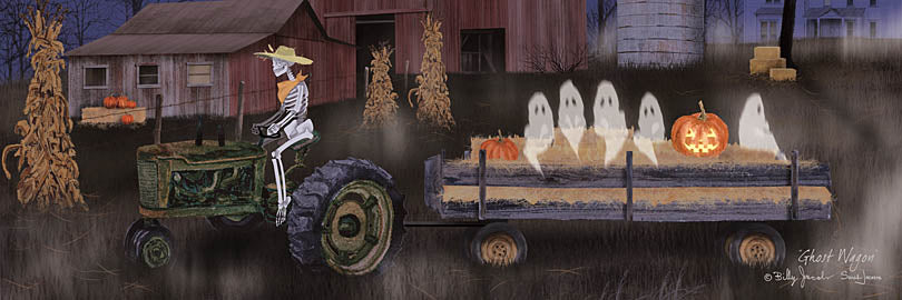 Billy Jacobs BJ1381 - BJ1381 - Ghost Wagon - 36x12 Halloween, ghost wagon, tractor, skeleton, haunted farm, pumpkins, jack-o-lantern, night scene, barn, eerie atmosphere from Penny Lane