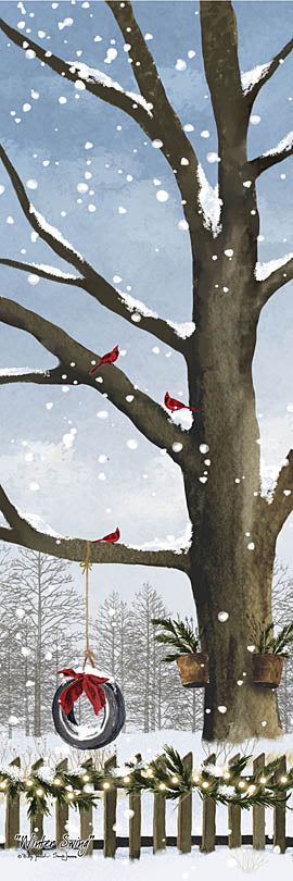 Billy Jacobs BJ1385 - BJ1385 - Winter Swing - 12x36 snowy tree, cardinals, tire swing, winter scene, falling snow, peaceful, decorative garland from Penny Lane