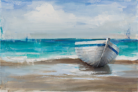 Cloverfield & Co. CC210 - CC210 - Boat on the Shore   - 18x12 Seaside boat painting, coastal view, bright sky and ocean, beached boat, turquoise waters, sunny atmosphere, marine art from Penny Lane