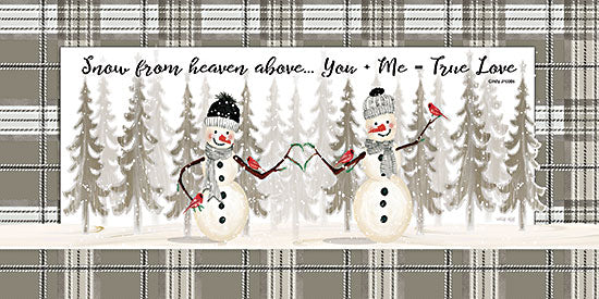 Cindy Jacobs CIN2580 - CIN2580 - Snow from Heaven Above - 18x9 pair of snowmen, Christmas trees, cardinal birds, checkered winter wear, love theme, romantic snow scene, heart branches, snow background, holiday art, seasonal decor from Penny Lane