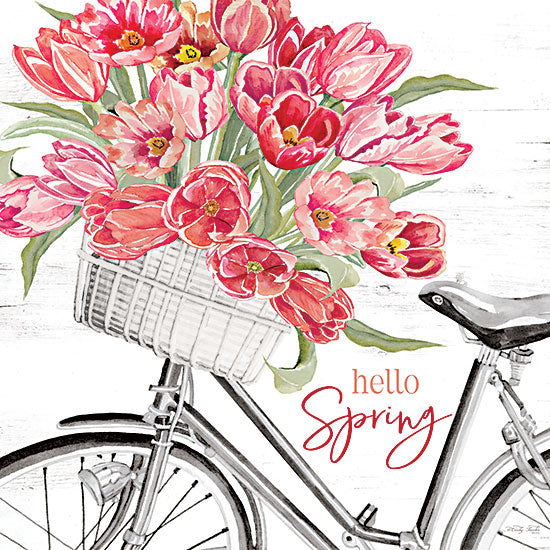 Cindy Jacobs CIN3546 - CIN3546 - Hello Spring Bicycle    - 12x12 spring flowers, pink tulips, bicycle basket, floral bike, seasonal greeting, watercolor florals, hello spring message, vibrant pink blooms, rustic charm, decorative spring art from Penny Lane