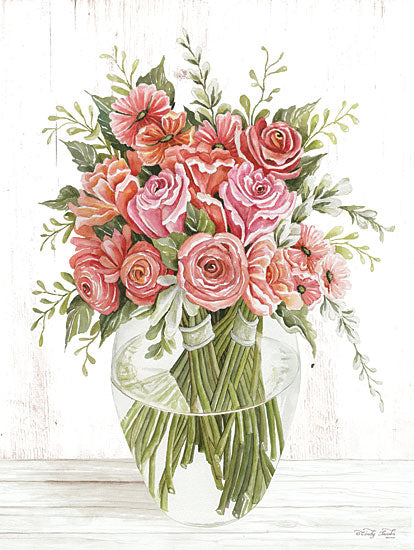 Cindy Jacobs CIN3548 - CIN3548 - First Blooms of the Season   - 12x16 pink rose bouquet, glass vase, floral arrangement, rustic wood table, fresh flowers, botanical decor, watercolor roses, romantic blooms, soft petals, elegant still life from Penny Lane