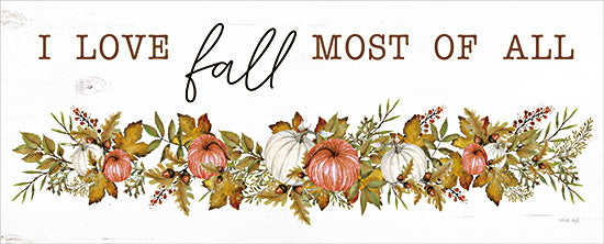 Cindy Jacobs CIN3832 - CIN3832 - I Love Fall Most of All - 20x8 fall garland, pumpkins, autumn leaves, seasonal foliage, rustic banner, handwritten text, fall quote, watercolor decoration, orange and white pumpkins, festive harvest from Penny Lane