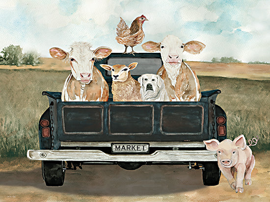 Cindy Jacobs CIN4106 - CIN4106 - Ready for a Ride  - 16x12 farm animals in truck, market day, watercolor cow and pig, dog in truck, whimsical animal art, countryside painting, humorous farm life from Penny Lane