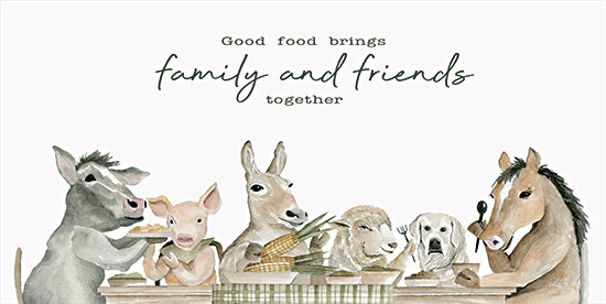 Cindy Jacobs CIN4189 - CIN4189 - Good Food Brings Family and Friends Together   - 18x9 animal dinner party, farm animals eating, pig and horse at table, humorous farm life, illustrated animals with food, dinner gathering art, friendly animal gathering from Penny Lane