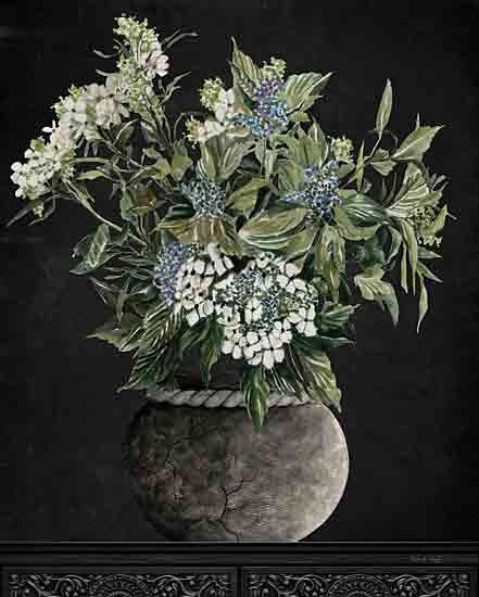 Cindy Jacobs CIN4191 - CIN4191 - Old World Hydrangeas    - 12x16 moody floral arrangement, black background, botanical vase, floral art with texture, green and blue flowers, dark aesthetic floral, decorative arrangement from Penny Lane