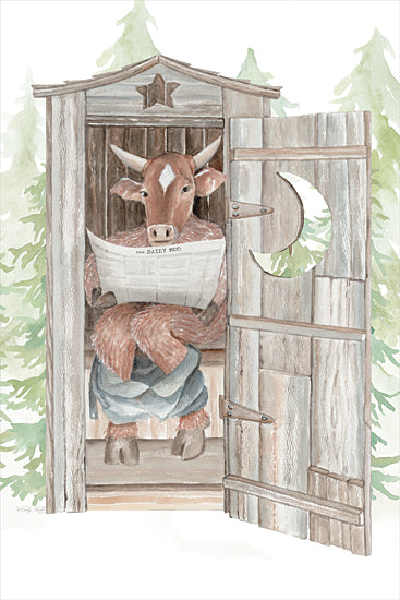 Cindy Jacobs CIN4414 - CIN4414 - The Daily Moo - 12x16 outhouse, humorous cow, newspaper, 'The Daily Moo', rustic wood, crescent moon door, cartoon animal, country humor, whimsical, forest background from Penny Lane