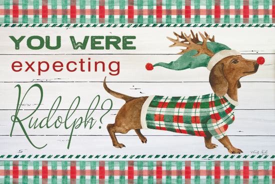 Cindy Jacobs CIN4543 - CIN4543 - You Were Expecting Rudolph? - 18x12 holiday dachshund art, Christmas dog illustration, reindeer costume, plaid sweater, festive humor, Christmas hat, rustic wood background, funny holiday greeting from Penny Lane