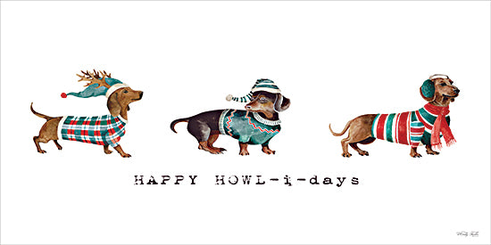 Cindy Jacobs CIN4546 - CIN4546 - Happy Howl-i-Days - 18x9 funny holiday dogs, three dachshunds in festive clothes, Happy Howlidays greeting, whimsical dog outfits, Christmas humor, seasonal animal art from Penny Lane