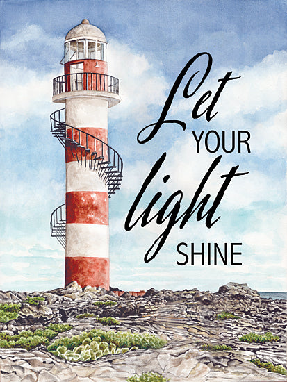 Cindy Jacobs CIN4561 - CIN4561 - Let Your Light Shine - 12x16 lighthouse, coastal landscape, rocky shore, spiral staircase, red and white stripes, inspirational quote, typography, ocean view, watercolor painting, blue sky, scenic art from Penny Lane