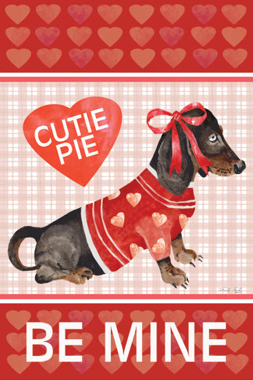 Cindy Jacobs CIN4582 - CIN4582 - Be Mine Dachshund - 12x18 valentine's day dog, dachshund, cutie pie heart, red hearts sweater, pink plaid background, whimsical dog art, love message, ribbon on dog, holiday decor from Penny Lane