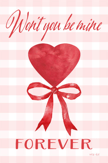 Cindy Jacobs CIN4584 - CIN4584 - Won't You Be Mine Forever Heart - 12x18 valentine heart, red bow, pink plaid background, romantic quote, be mine forever, simple valentine card design, love illustration, soft tones, watercolor style from Penny Lane