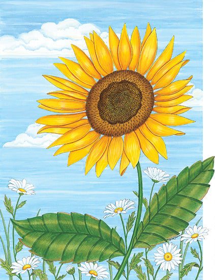 Deb Strain DS2411 - DS2411 - It's a Beautiful Day Sunflower - 12x18 sunflower, daisies, blue sky, clouds, botanical art, floral illustration, summer bloom, vibrant yellow, garden flowers, nature drawing from Penny Lane