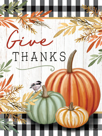 Elizabeth Tyndall ET567 - ET567 - Give Thanks - 12x16 pumpkins, autumn leaves, give thanks, fall theme, checkered background, bird, rustic decor, thanksgiving sign from Penny Lane