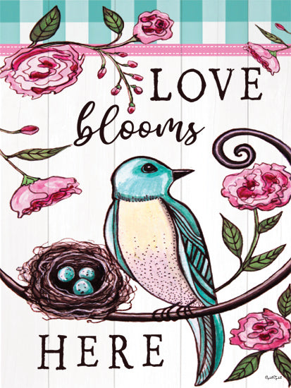 Elizabeth Tyndall ET569 - ET569 - Love Blooms Here Bluebird - 12x16 bird, pink roses, floral nest, eggs, spring blossoms, romantic nature scene, whimsical style from Penny Lane