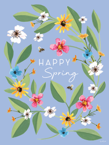 Elizabeth Tyndall ET584 - ET584 - Happy Spring Floral - 12x16 happy spring, floral wreath, bees, blooming flowers, light blue background, seasonal greeting from Penny Lane