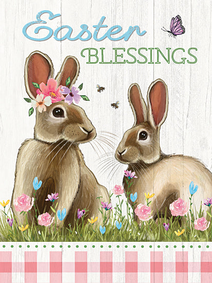 Elizabeth Tyndall ET592 - ET592 - Easter Blessings Bunnies - 12x16 easter blessings, two rabbits, flower crown, pastel flowers, butterflies, spring grass, cute animals from Penny Lane