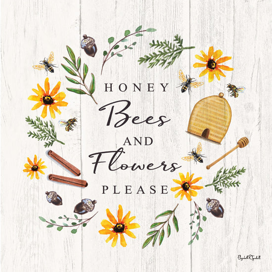 Elizabeth Tyndall ET598 - ET598 - Honey Bees and Flowers Please - 12x12 Honey bees and flowers, wreath, floral border, rustic wood background, cinnamon sticks, beehive, honey dipper, country charm from Penny Lane