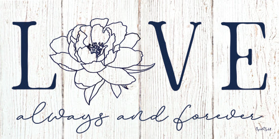 Elizabeth Tyndall ET603 - ET603 - Love Always and Forever - 18x9 Love always and forever, floral typography, white wood, romantic, scripted lettering, classic blue, peony sketch from Penny Lane