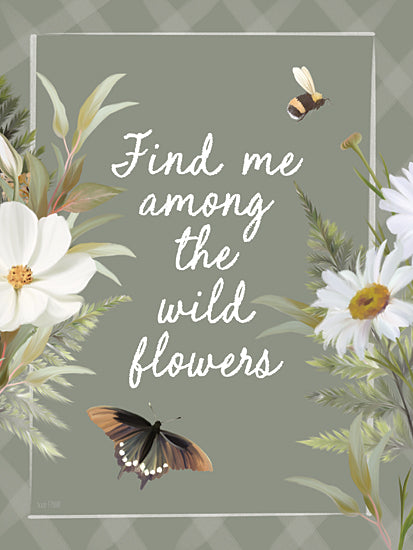 House Fenway FEN1296 - FEN1296 - Find Me Among the Wild Flowers - 12x16 wildflowers, daisies, bumblebee, butterfly, typography, green checkered background, inspirational quote, country decor from Penny Lane