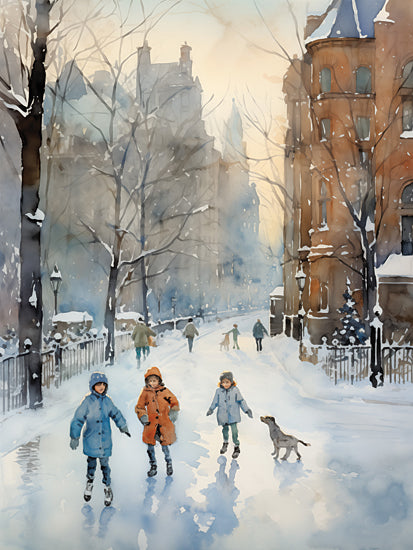 Heidi Kuntz HK385 - HK385 - Chilly Skate    - 12x16 children ice skating, winter scene, watercolor, snowy city, vintage street, holiday art, joyful winter play from Penny Lane