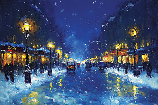 Heidi Kuntz HK387 - HK387 - Brisk Holiday Stroll    - 18x12 winter street, night lights, snowy road, city in snow, impressionist painting, vibrant colors, urban winter from Penny Lane