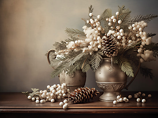 Heidi Kuntz HK389 - HK389 - Yuletide Delight    - 16x12 vintage silver pitcher, pinecones, snowberries, evergreen branches, winter floral arrangement, cotton stems, rustic wood table, antique decor, soft lighting, traditional winter still life from Penny Lane