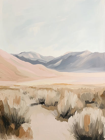 Heidi Kuntz HK426 - HK426 - Desert Solitude    - 12x16 desert landscape, pastel tones, dry shrubs, mountains in distance, soft sky, minimalist style, serene outdoor scenery, abstract nature interpretation from Penny Lane