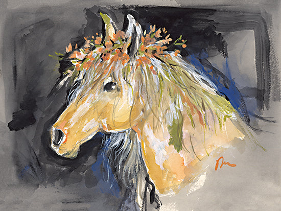 Jessica Mingo JM568 - JM568 - Floral Horse II - 16x12 Side view horse with floral crown, watercolor art, equine beauty, flowing mane, flower tiara, mystical horse from Penny Lane