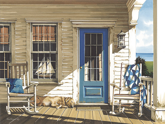 John Rossini JR422 - JR422 - Front Porch Gathering - 16x12 front porch, dog sleeping, rocking chairs, coastal home, nautical decor, ship model, sunny day, blue door, relaxation, Americana from Penny Lane