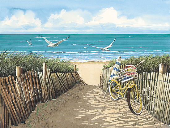 John Rossini JR448 - JR448 - Yellow Beach Taxi - 16x12 beach entrance, sandy path, yellow bicycle, ocean view, seagulls, beach grass, striped umbrella, summer day from Penny Lane