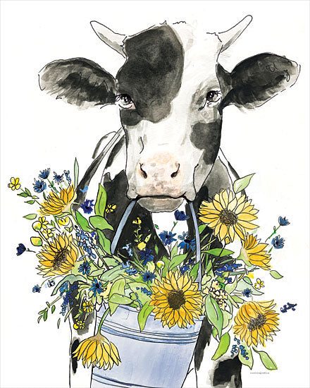 Kamdon Kreations KAM797 - KAM797 - Bessie in the Sunflowers   - 12x16 cow, bucket of sunflowers, whimsical animal, cheerful farm art, black and white cow, blue accents, floral bouquet from Penny Lane