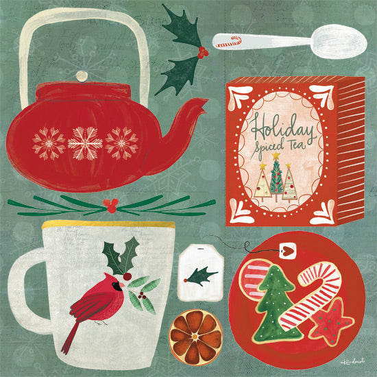 Katie Doucette KD270 - KD270 - Holiday Spiced Tea - 12x12 red teapot, holiday theme, holly leaves, bird illustration, Christmas cookies, tea bag, festive background, orange slice from Penny Lane