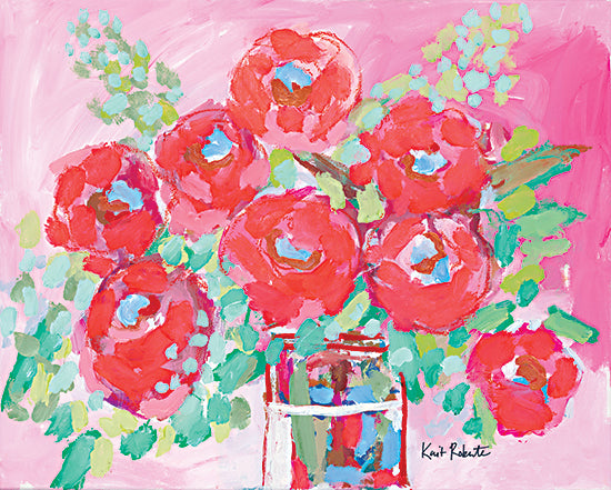 Kait Roberts KR707 - KR707 - Love to Bloom    - 16x12 floral bouquet, mason jar vase, bright red flowers, abstract brush strokes, pink background, contemporary painting from Penny Lane