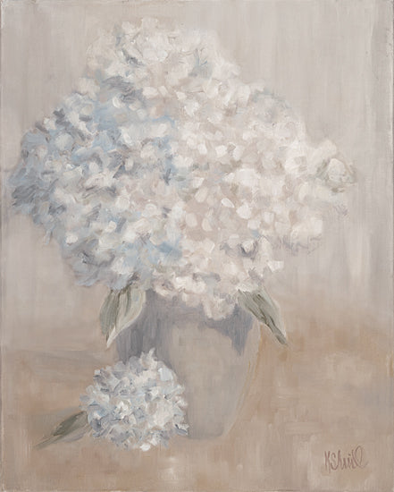 Kate Sherrill KS273 - KS273 - Hydrangeas in the Morning Light - 12x16 soft pastel hydrangeas, floral still life, neutral background, textured brush strokes, gentle bloom, romantic home decor, impressionistic flowers, vase with flowers, vintage aesthetic from Penny Lane