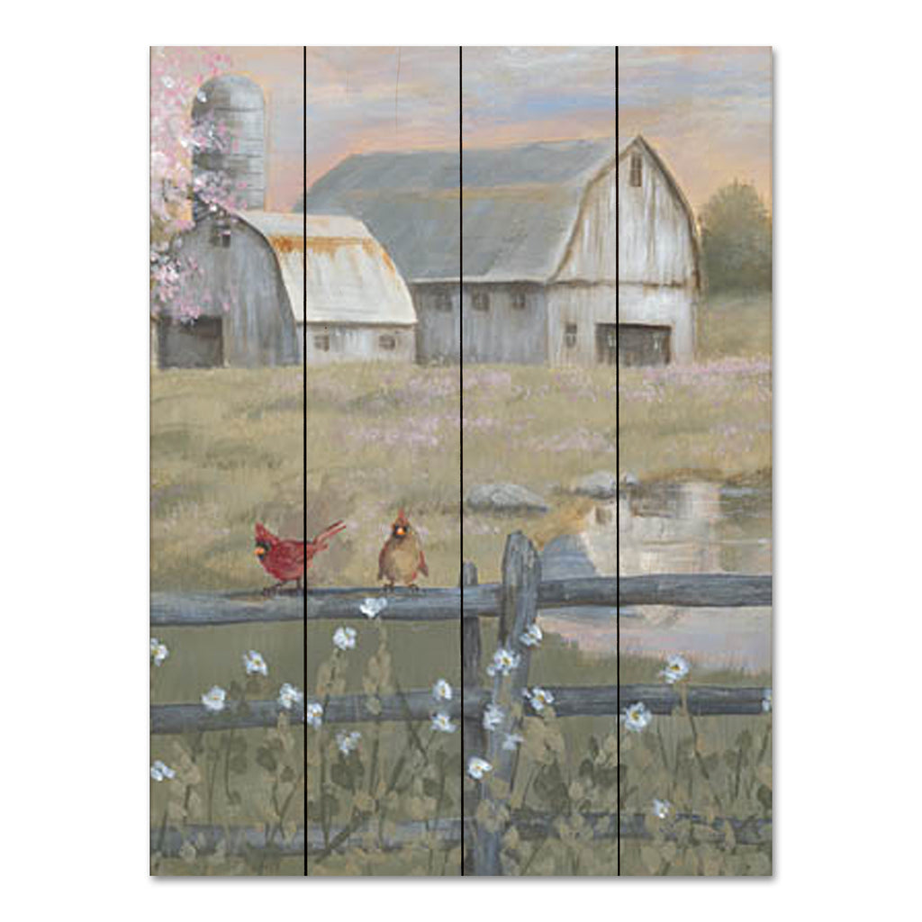 Pam Britton BR556PAL - BR556PAL - Spring Has Arrived - 16x12 Spring, Birds, Cardinals, Farm, Barn, Flowering Tree, Wildflowers, Farmhouse/Country, Fence from Penny Lane