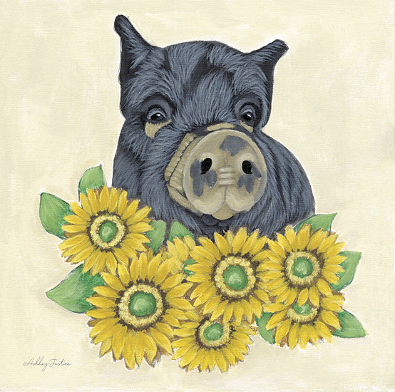 Ashley Justice AJ195 - AJ195 - Ruben - 12x12 Whimsical, Flowers, Yellow Sunflower, Pig, Black Pig from Penny Lane