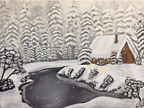 Ashley Justice AJ219 - AJ219 - A Winter's Dream - 16x12 Winter, Landscape, Snow, Driveway, Cabin, Log Cabin, Trees, Evening from Penny Lane