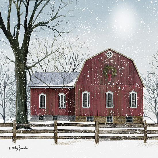 Billy Jacobs BJ1365 - BJ1365 - A Little Snow III    - 12x12 Folk Art, Winter, Farm, Barn, Red Barn, Christmas Wreath, Snow, Fence Tree, Landscape from Penny Lane