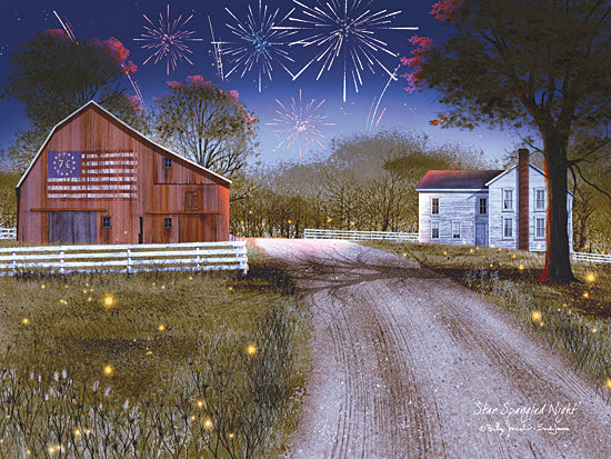 Billy Jacobs BJ1375 - BJ1375 - Star Spangled Night - 12x16 Patriotic, Barn, American Flag, Fireworks, Fireflies, Lightening Bugs, Farm, House, Road, Trees, Evening, Summer, Star Spangled Night from Penny Lane