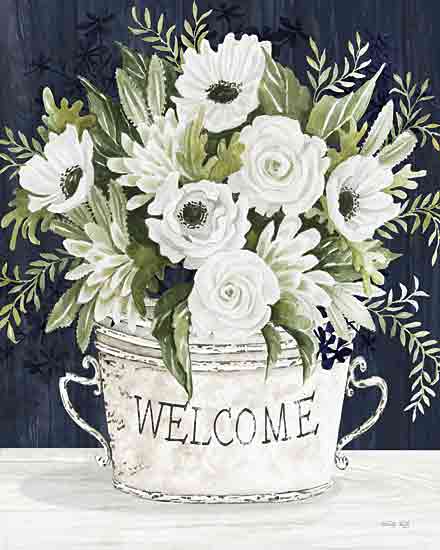 Cindy Jacobs CIN4187 - CIN4187 - Vintage Blooms II - 12x16 Flowers, White Flowers, Greenery, Galvanized Pail, Welcome, Typography, Signs, Textual Art, Cottage/Country, Dark Blue Background from Penny Lane