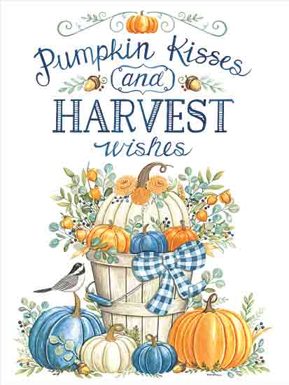 Deb Strain DS2253 - DS2253 - Pumpkin Kisses - 12x16 Fall, Still Life, Wood Bucket, Pumpkins, Blue Pumpkins, Birds, Flowers, Greenery, Pumpkin Kisses and Harvest Wishes, Typography, Signs, Textual Art, Farmhouse/Country from Penny Lane