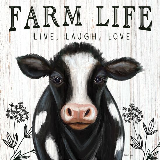 Elizabeth Tyndall ET330 - ET330 - Farm Life - 12x12 Farm, Cow, Black & White Cow, Farm Animal, Farm Life Live, Laugh, Love, Typography, Signs, Textual Art, Wildflowers, Wood Background from Penny Lane