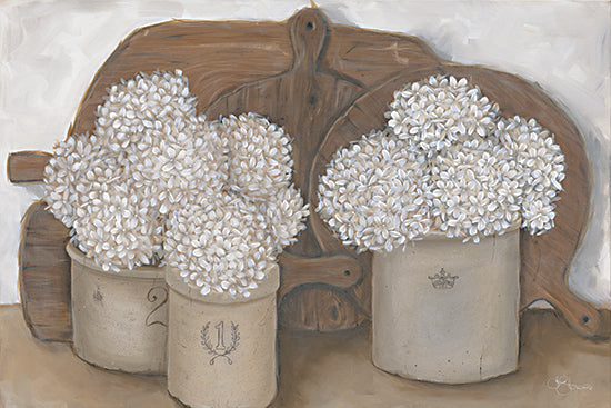 Hollihocks Art HH250 - HH250 - Crocks and Hydrangeas - 18x12 Still Life, Crocks, Hydrangeas, Flowers, White Hydrangeas, Wood Cutting Boards, Farmhouse/Country, Vintage from Penny Lane