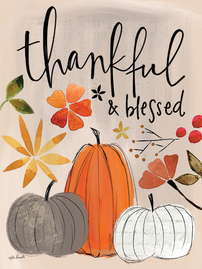 Katie Doucette KD190 - KD190 - Thankful & Blessed - 12x16 Fall, Thanksgiving, Thankful & Blessed, Typography, Signs, Textual Art, Pumpkins, Flowers, Berries, Greenery from Penny Lane