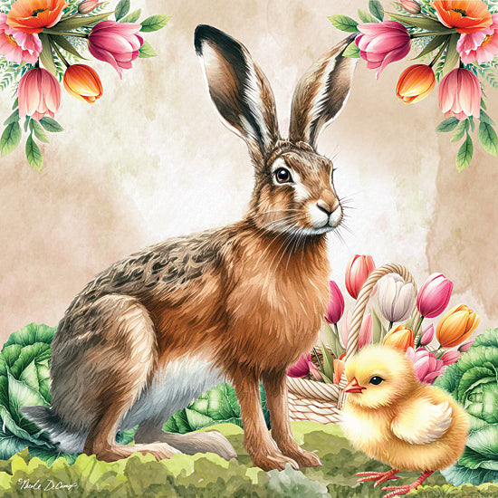 Nicole DeCamp ND409 - ND409 - Rabbit with Tulip Basket - 12x12 Easter, Spring, Rabbit, Chick, Garden, Cabbage, Flowers, Pink Flowers, Orange Flowers, Easter Bunny, Garden from Penny Lane
