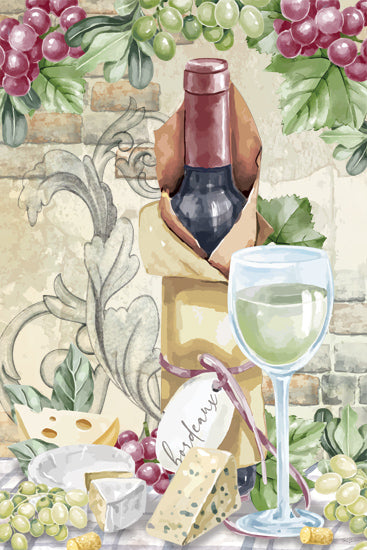 Nicole DeCamp ND434 - ND434 - Vineyard Still Life I - 12x18 Still Life, Vineyard, Wine, Bottle of Wine, Cheese, Wine Glass, Grapes, Tuscany, Brick Wall from Penny Lane