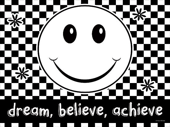 Yass Naffas Designs YND461 - YND461 - Dream, Believe, Achieve - 16x12 Inspirational, Dream, Believe, Achieve, Typography, Signs, Textual Art, Smiley Face, Black & White Checkered Background, Black & White from Penny Lane